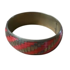 Vintage Brass Woven Bangle Bracelet Red Basketweave Inlay Statement Jewelry